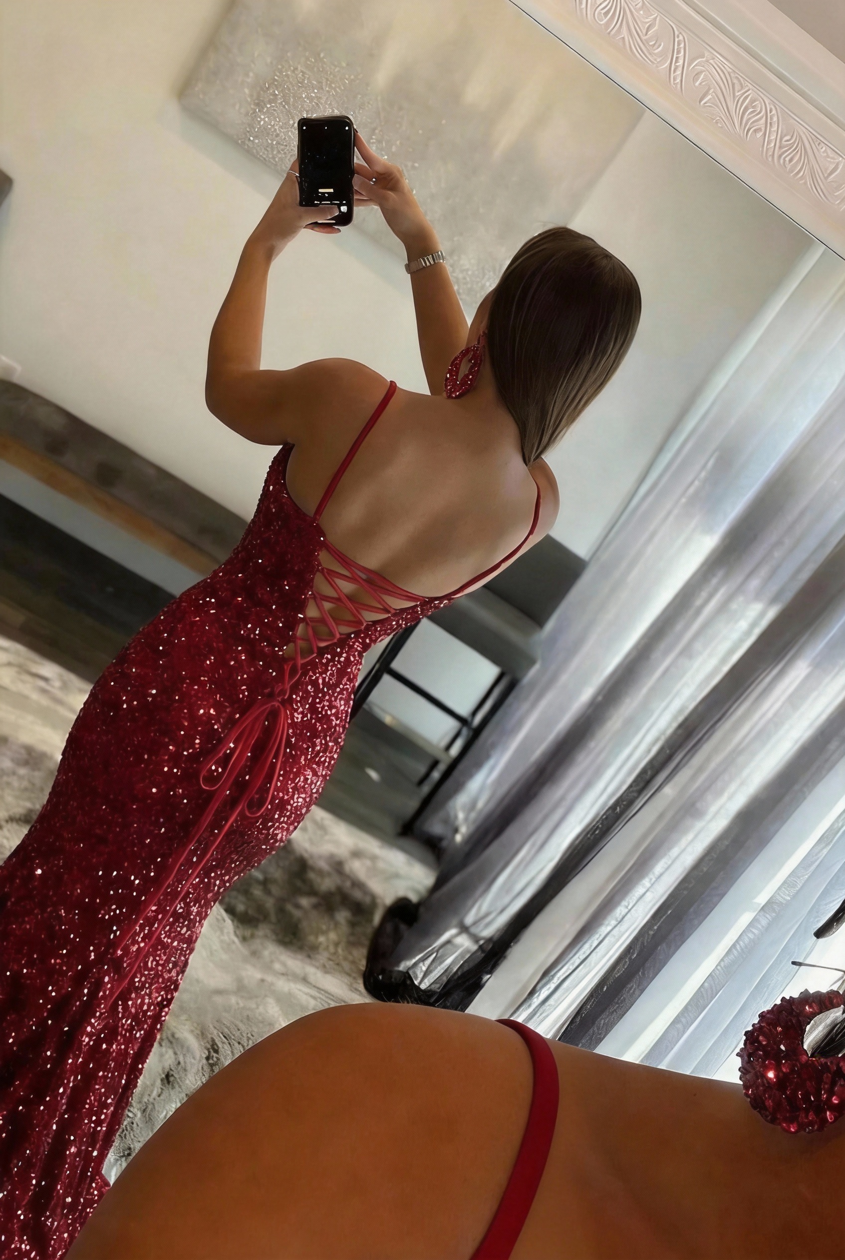 Long Mermaid Sequined Backless Red Formal Prom Dresses with Slit