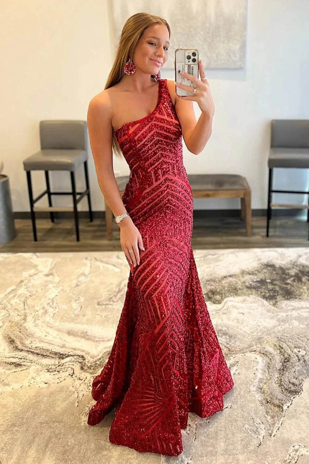 Burgundy Long One Shoulder Sequin Mermaid Prom Dress