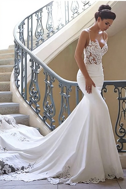 Long Mermaid Spaghetti Strap Sweetheart Lace Backless Wedding Dresses
