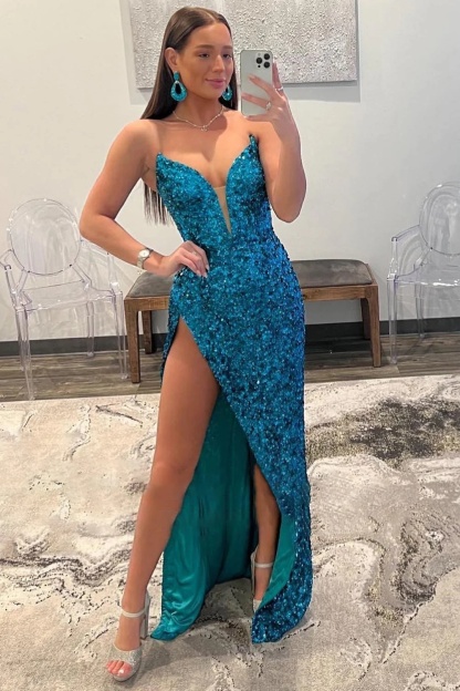Long Mermaid V-neck Sequin Front Slit Prom Dress
