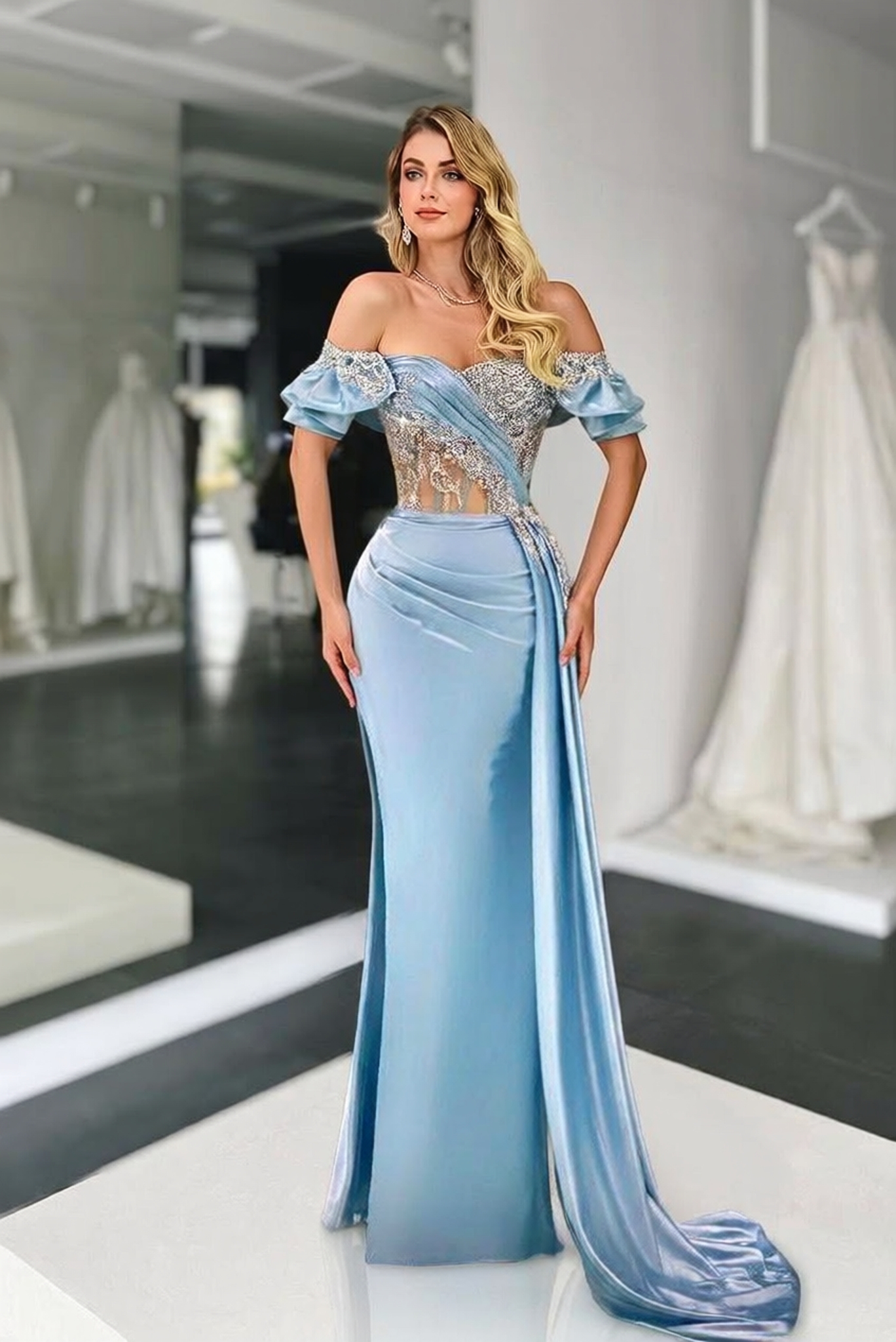 Long Mermaid Strapless Sweetheart Satin Prom Dress with Split Side