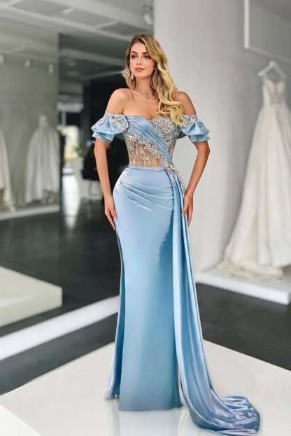 Long Mermaid Strapless Sweetheart Satin Prom Dress with Split Side