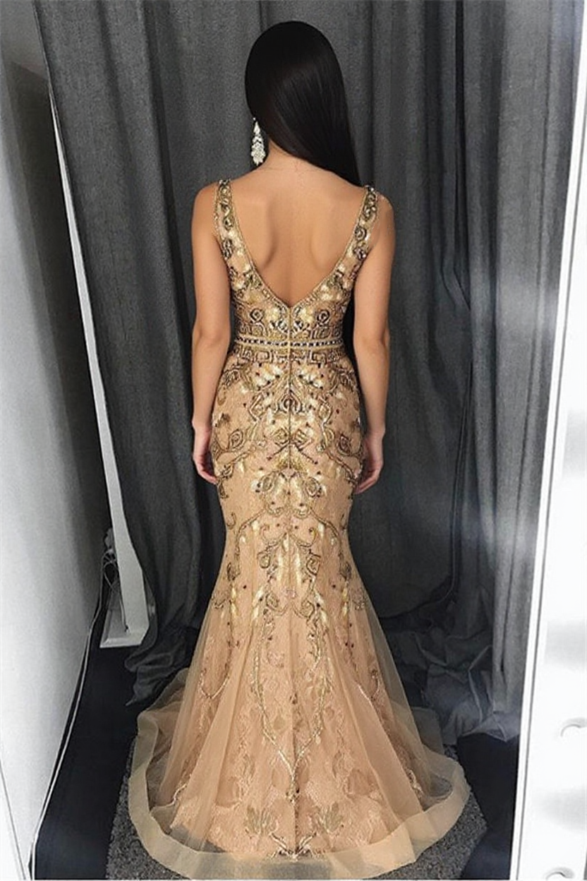 Long Mermaid Straps Beading Tulle Formal Evening Dress