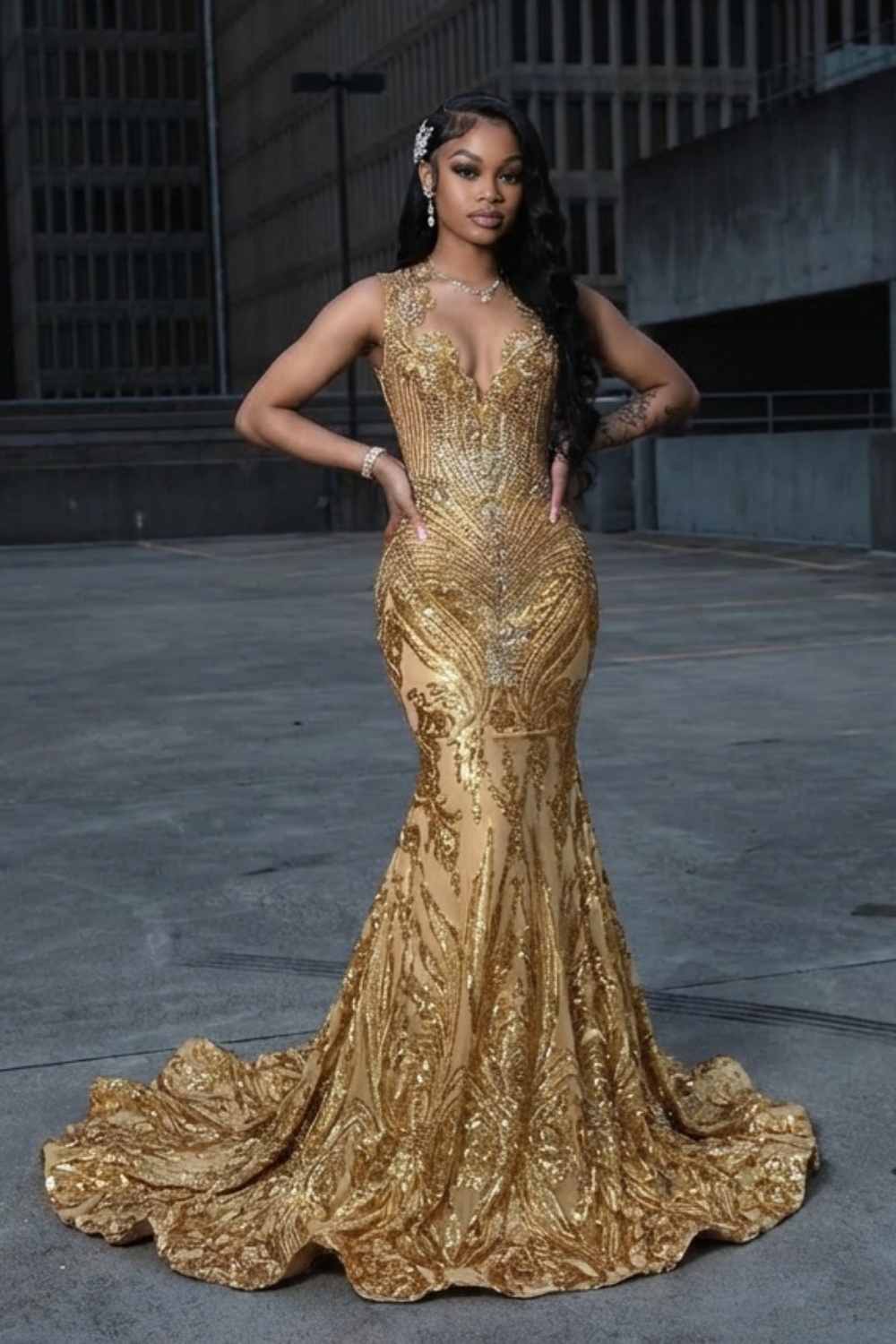 Long Mermaid Sweetheart Beaded Gold Formal Prom Dress