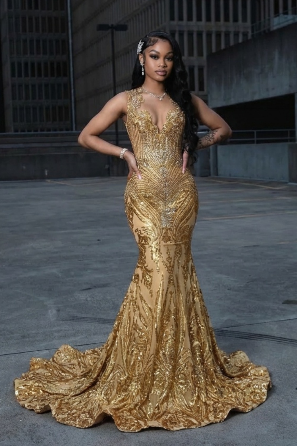 Long Mermaid Sweetheart Beaded Gold Formal Prom Dress