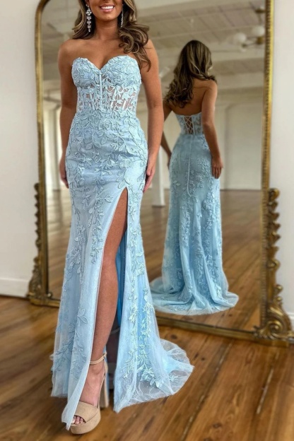 Long Mermaid Sweetheart Lace Sky Blue Prom Dress with Slit