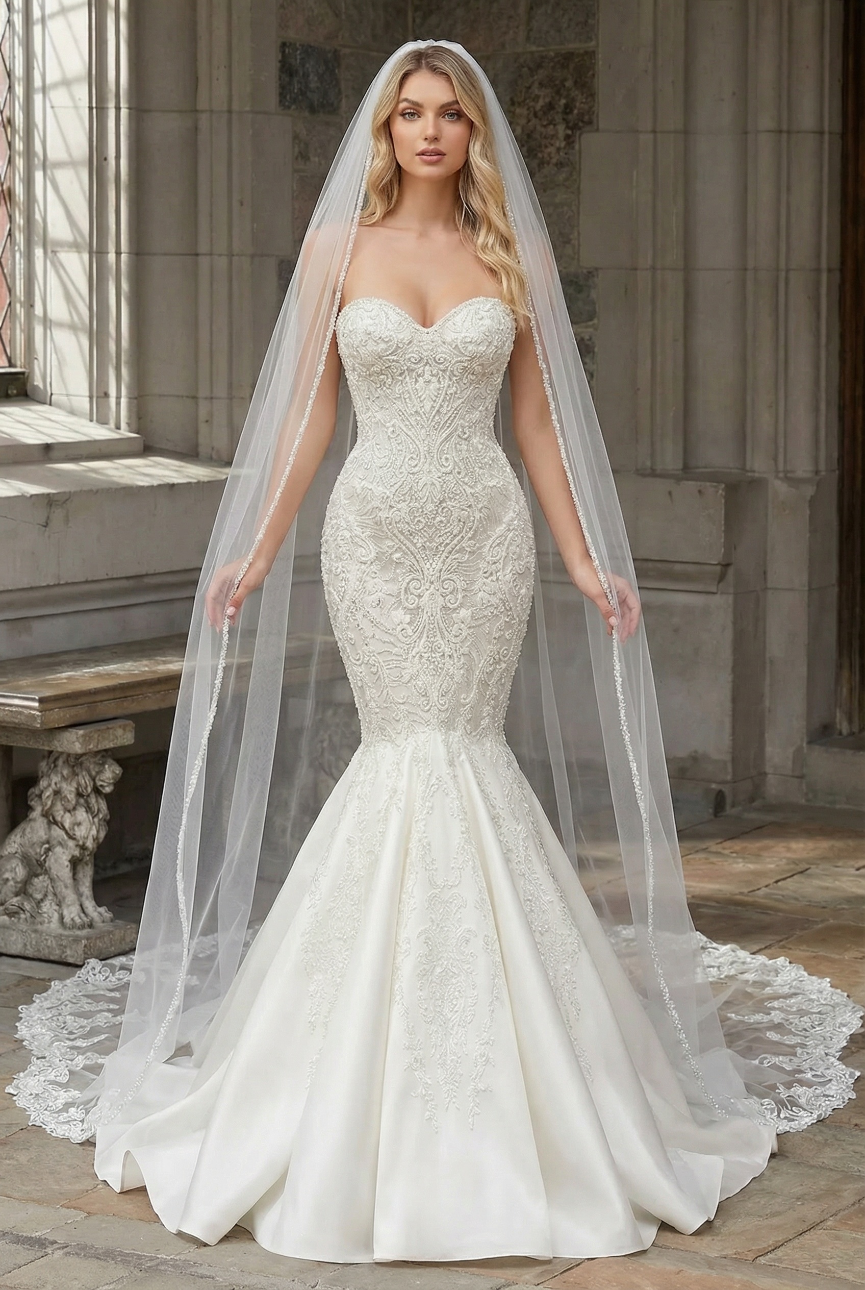 Long Mermaid Sweetheart Satin Lace Wedding Dresses with Appliques Beads