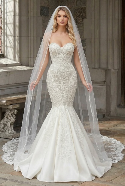 Long Mermaid Sweetheart Satin Lace Wedding Dresses with Appliques Beads