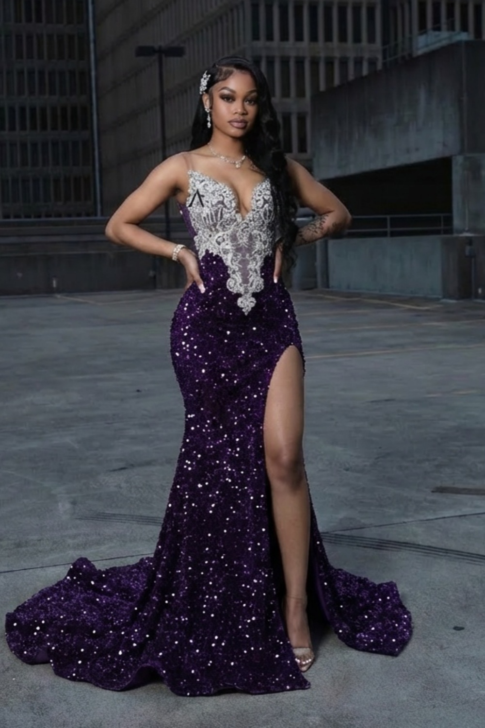 Long Mermaid Sweetheart Sequin Lace Prom Dress with Slit