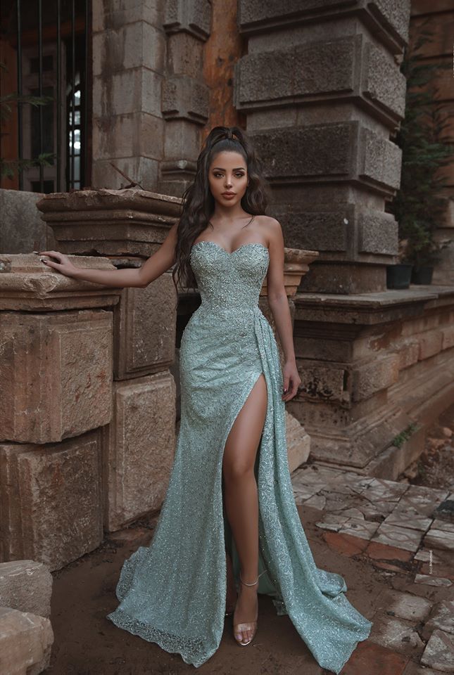 Long Mermaid Sweetheart Sleeveless Beads Formal Prom Dresses with Slit
