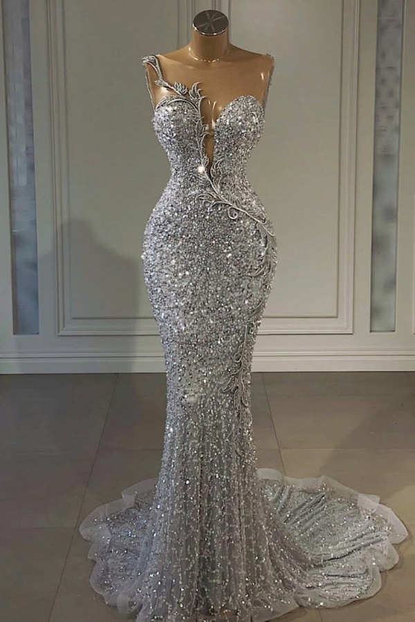 Long Mermaid Sweetheart Tulle Sequin Formal Prom Dresses