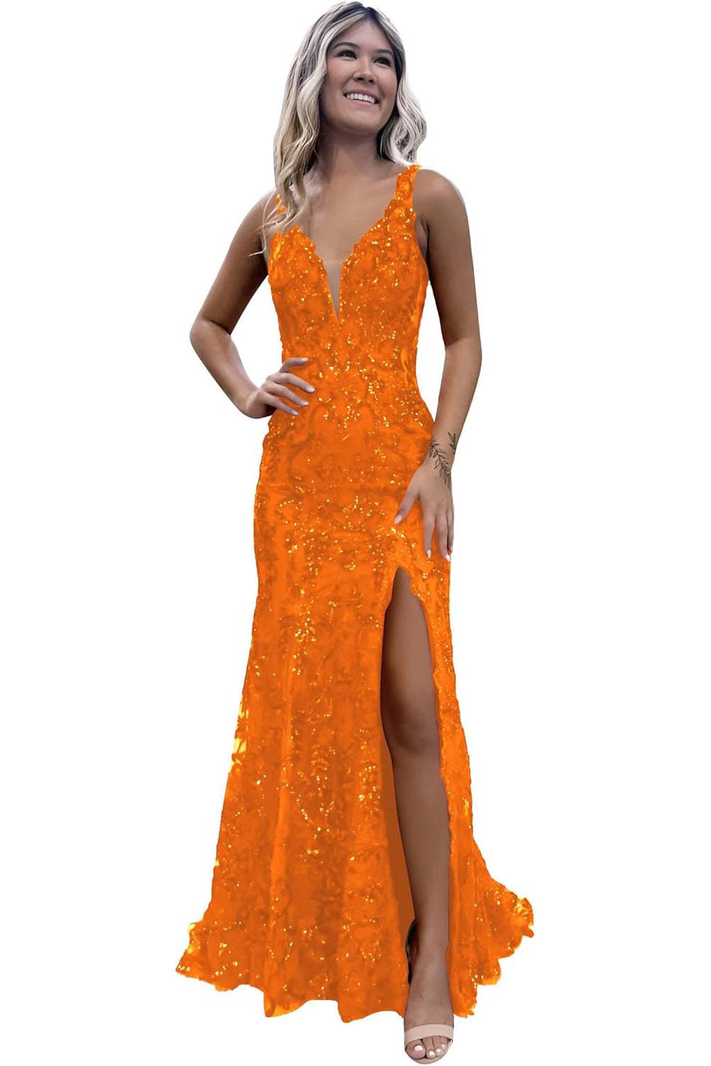 V-neck Sequin Mermaid Long Backless Prom Dress with Slit