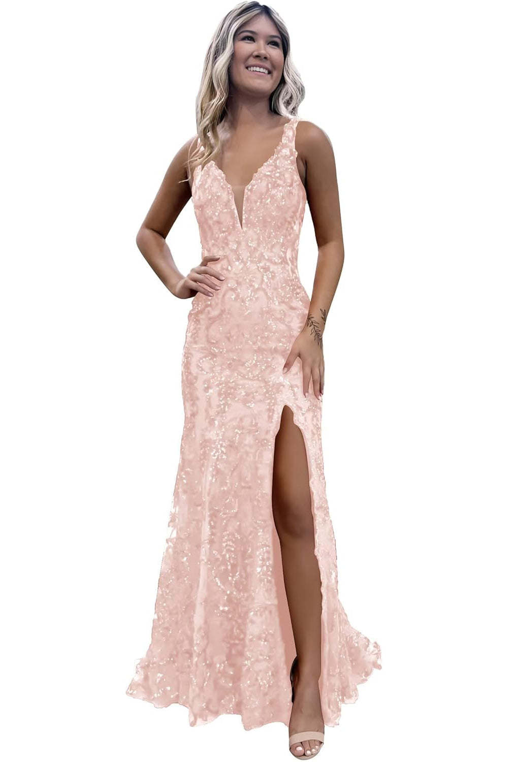 V-neck Sequin Mermaid Long Backless Prom Dress with Slit