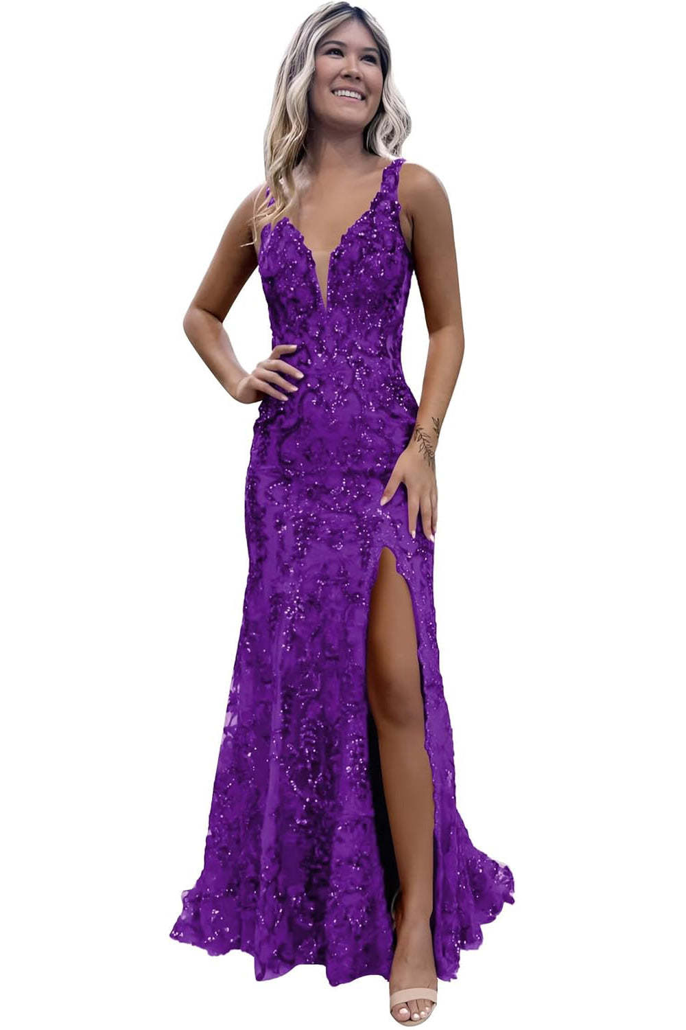 V-neck Sequin Mermaid Long Backless Prom Dress with Slit