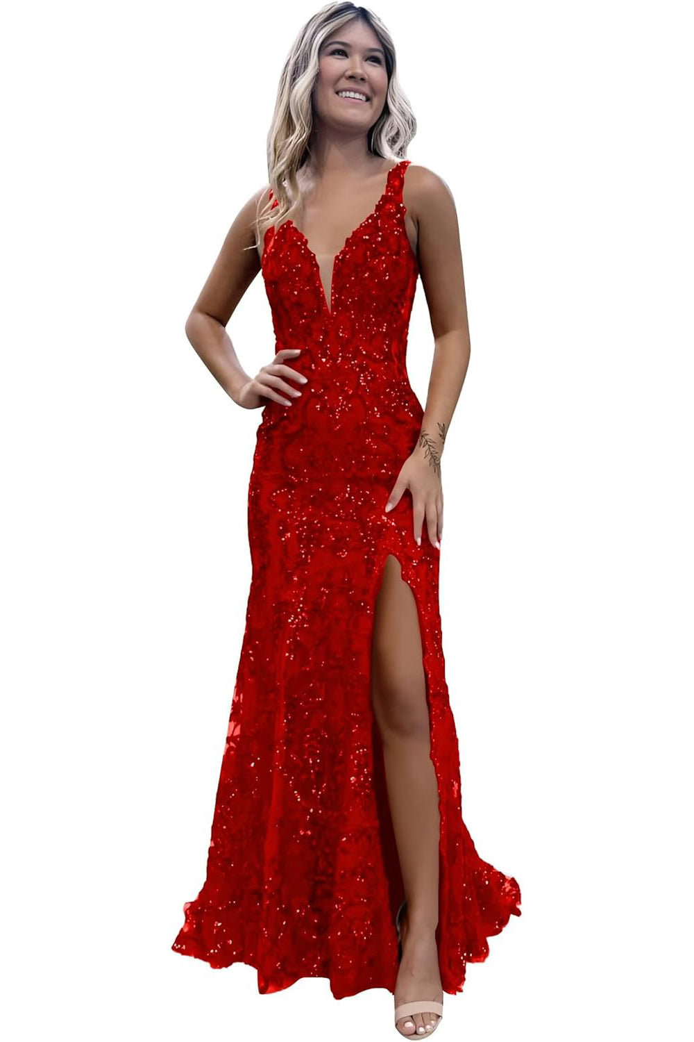 V-neck Sequin Mermaid Long Backless Prom Dress with Slit