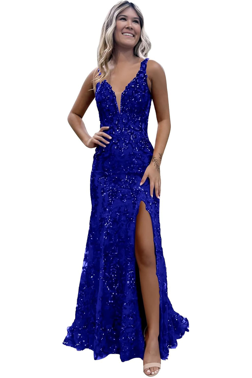 V-neck Sequin Mermaid Long Backless Prom Dress with Slit