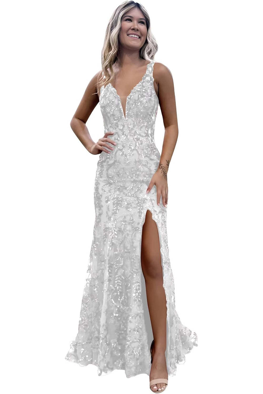 V-neck Sequin Mermaid Long Backless Prom Dress with Slit