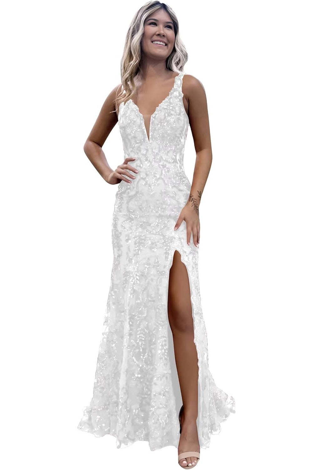 V-neck Sequin Mermaid Long Backless Prom Dress with Slit