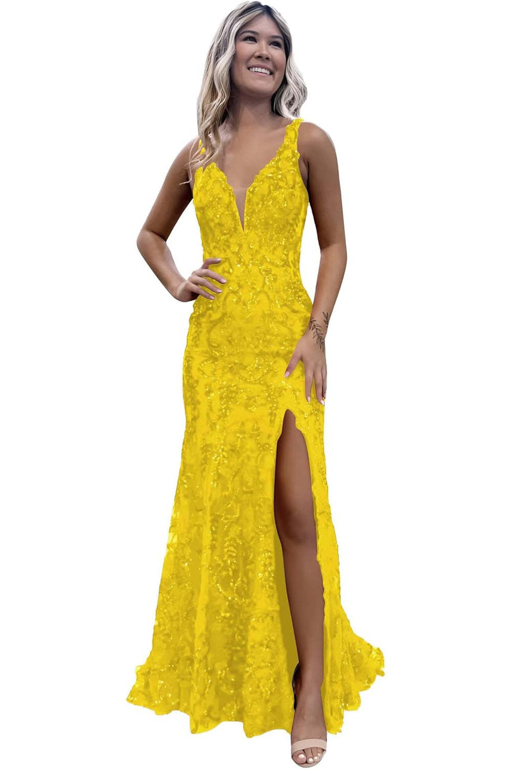 V-neck Sequin Mermaid Long Backless Prom Dress with Slit