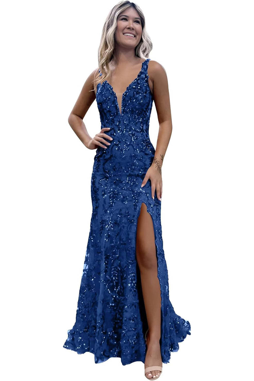 V-neck Sequin Mermaid Long Backless Prom Dress with Slit
