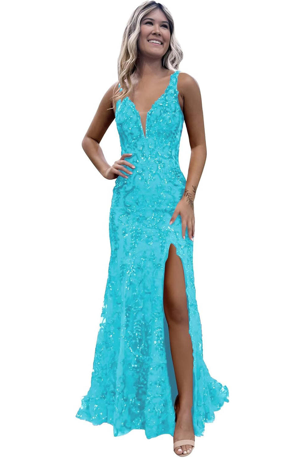 V-neck Sequin Mermaid Long Backless Prom Dress with Slit