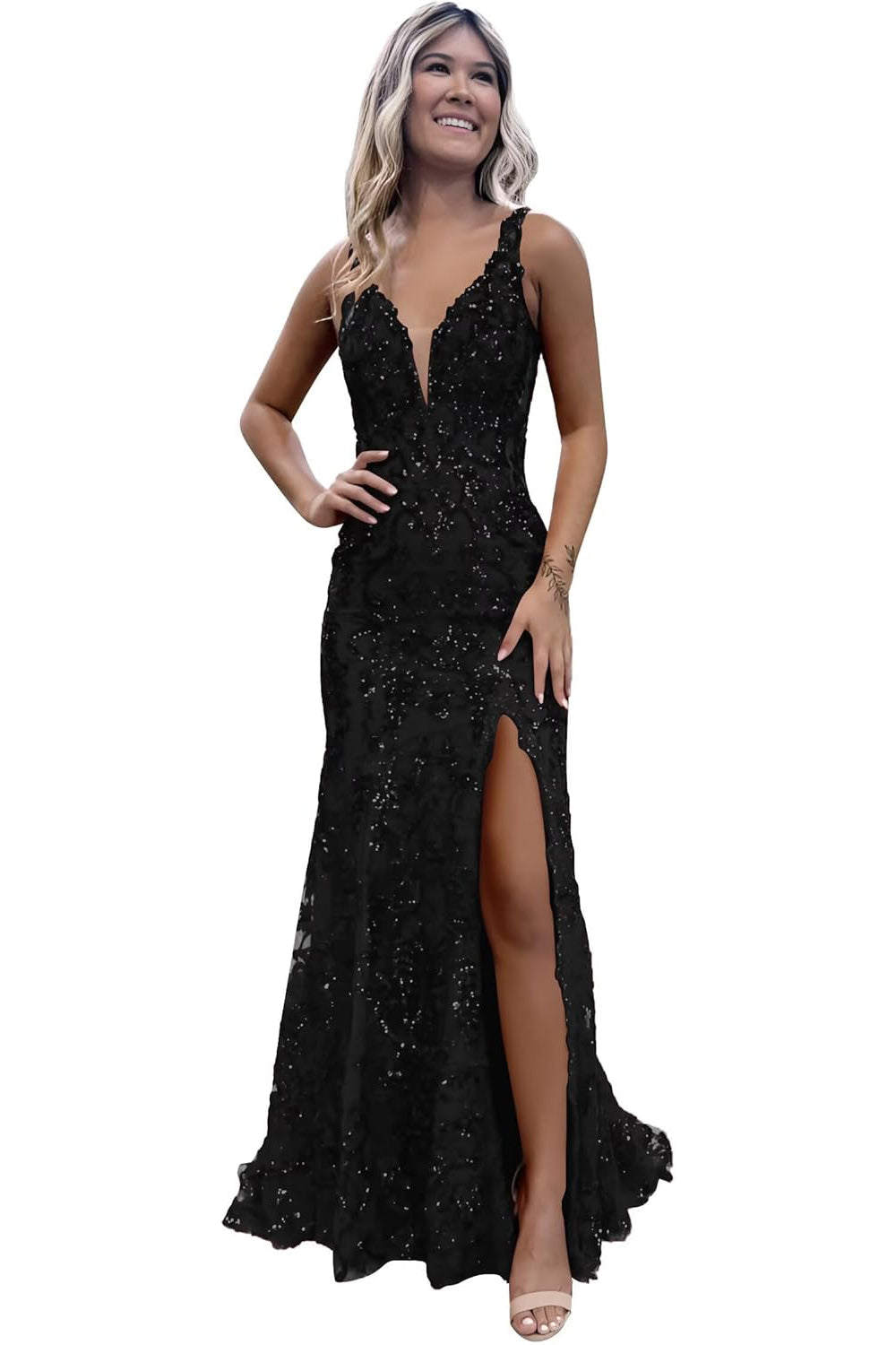 V-neck Sequin Mermaid Long Backless Prom Dress with Slit