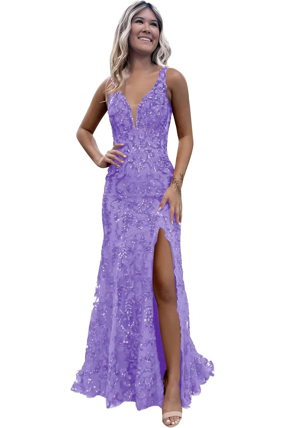 V-neck Sequin Mermaid Long Backless Prom Dress with Slit