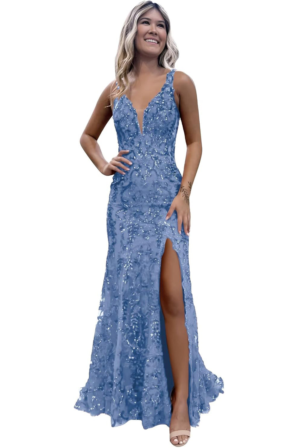 V-neck Sequin Mermaid Long Backless Prom Dress with Slit