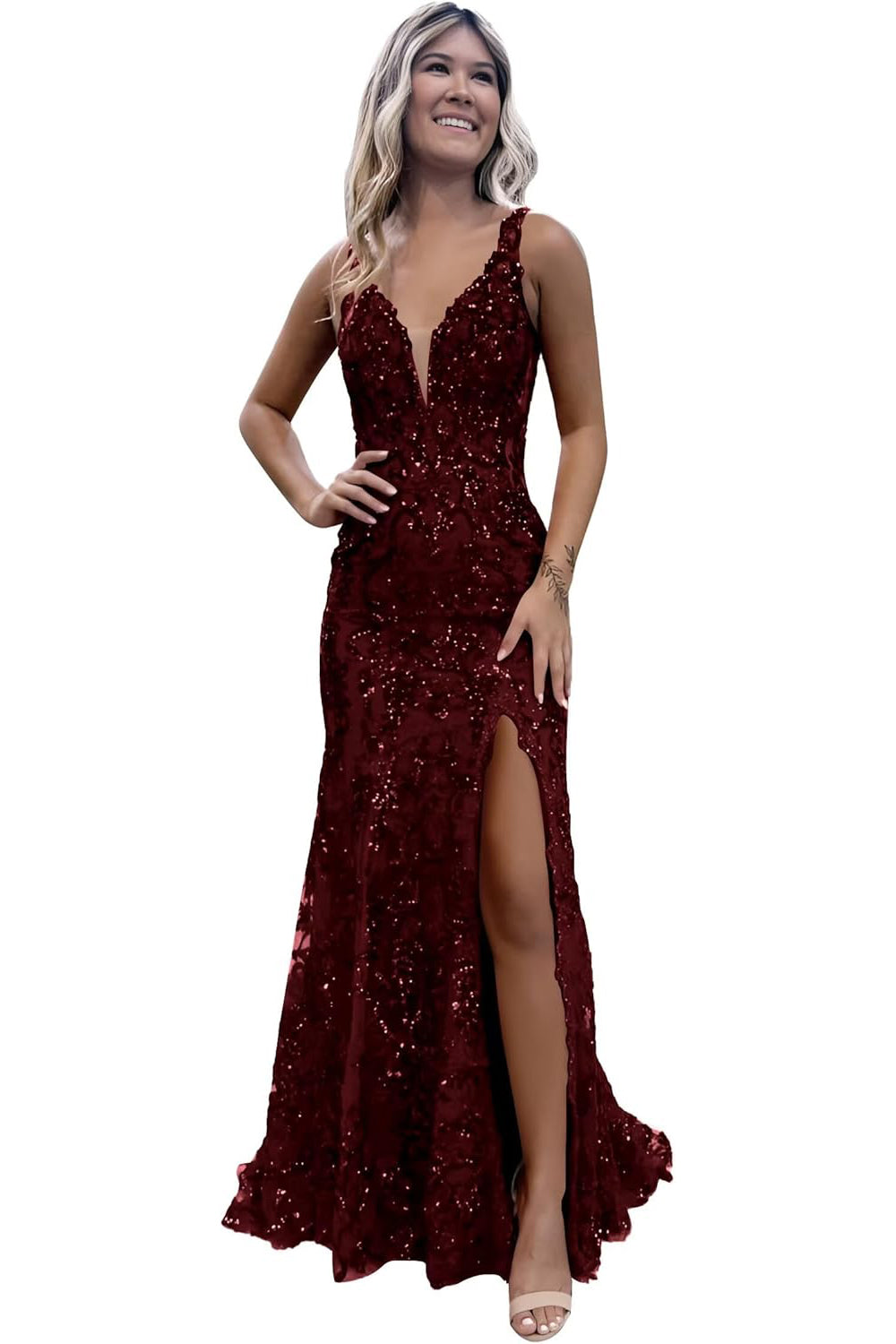 V-neck Sequin Mermaid Long Backless Prom Dress with Slit
