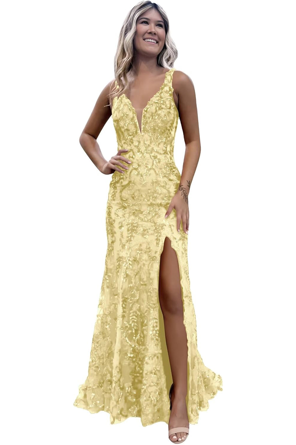 V-neck Sequin Mermaid Long Backless Prom Dress with Slit