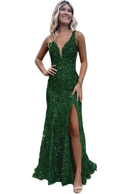 V-neck Sequin Mermaid Long Backless Prom Dress with Slit