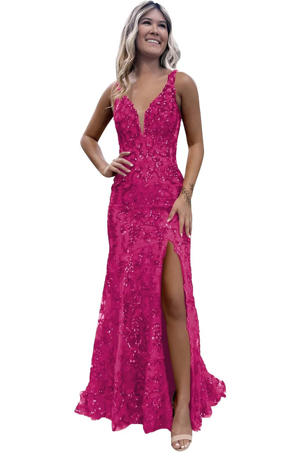 V-neck Sequin Mermaid Long Backless Prom Dress with Slit