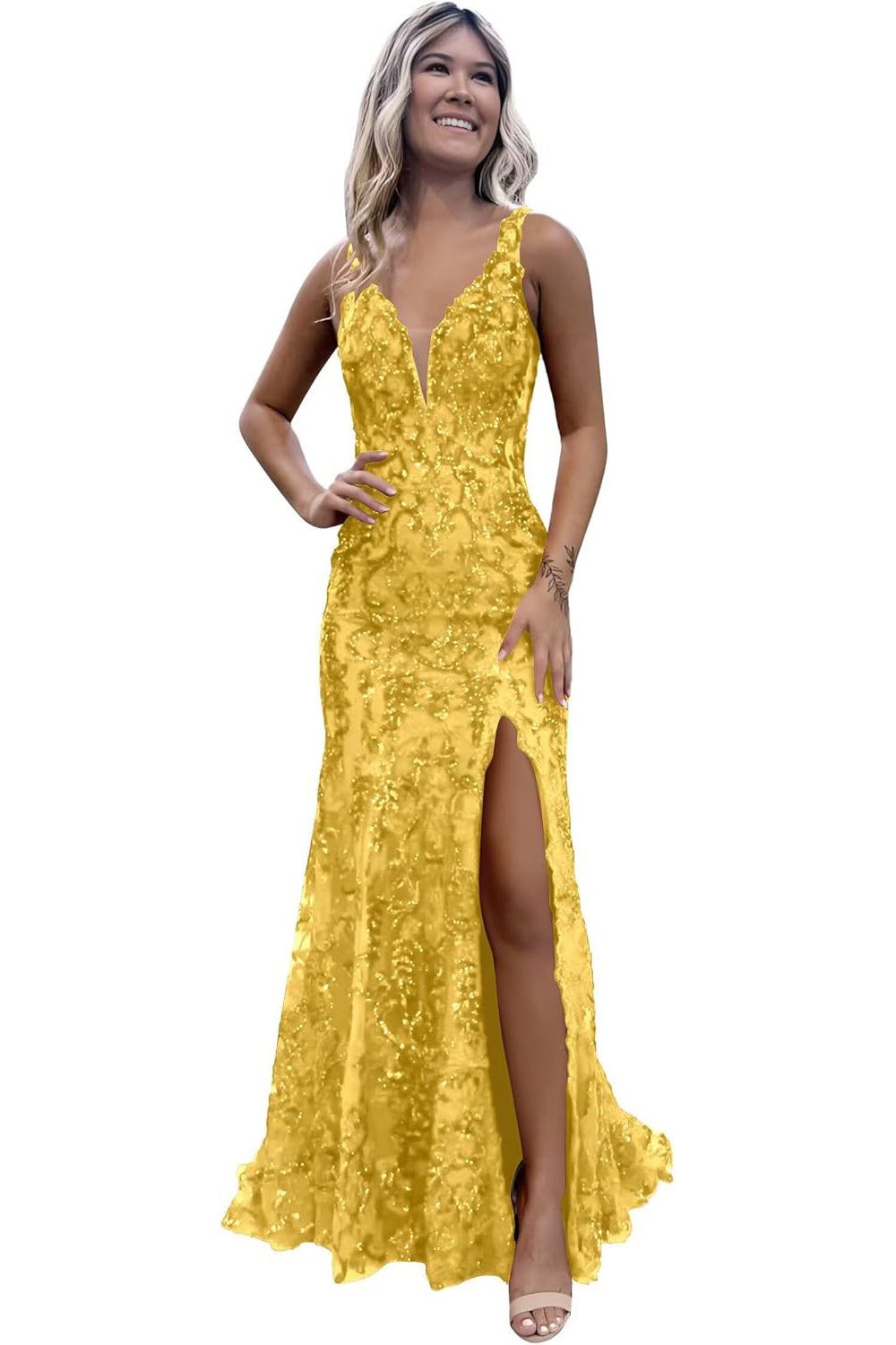 V-neck Sequin Mermaid Long Backless Prom Dress with Slit