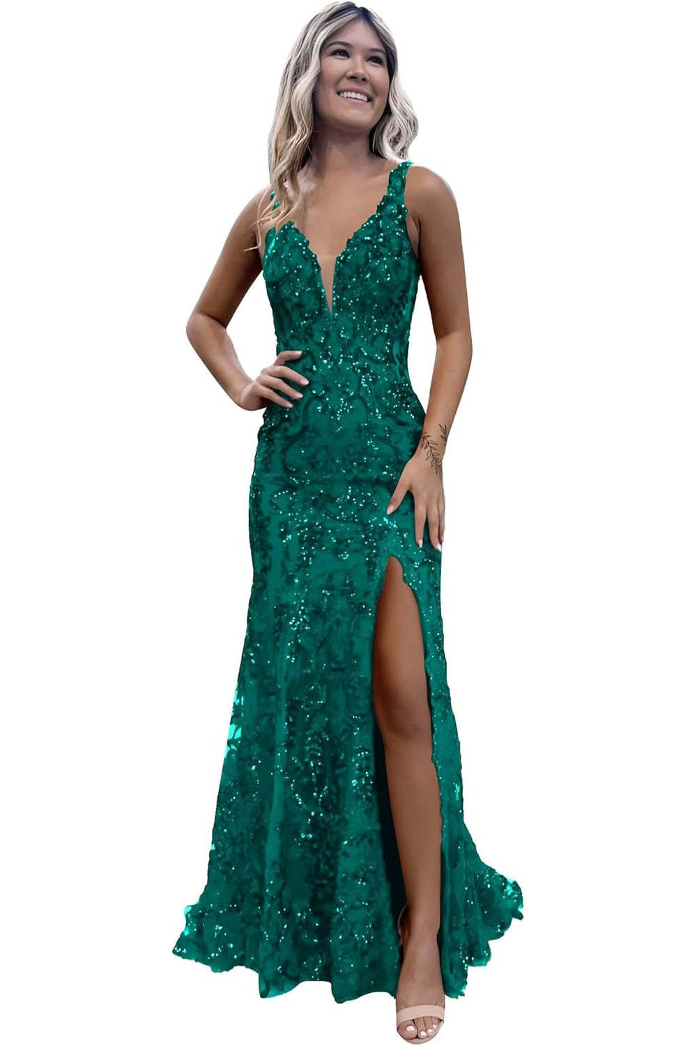 V-neck Sequin Mermaid Long Backless Prom Dress with Slit