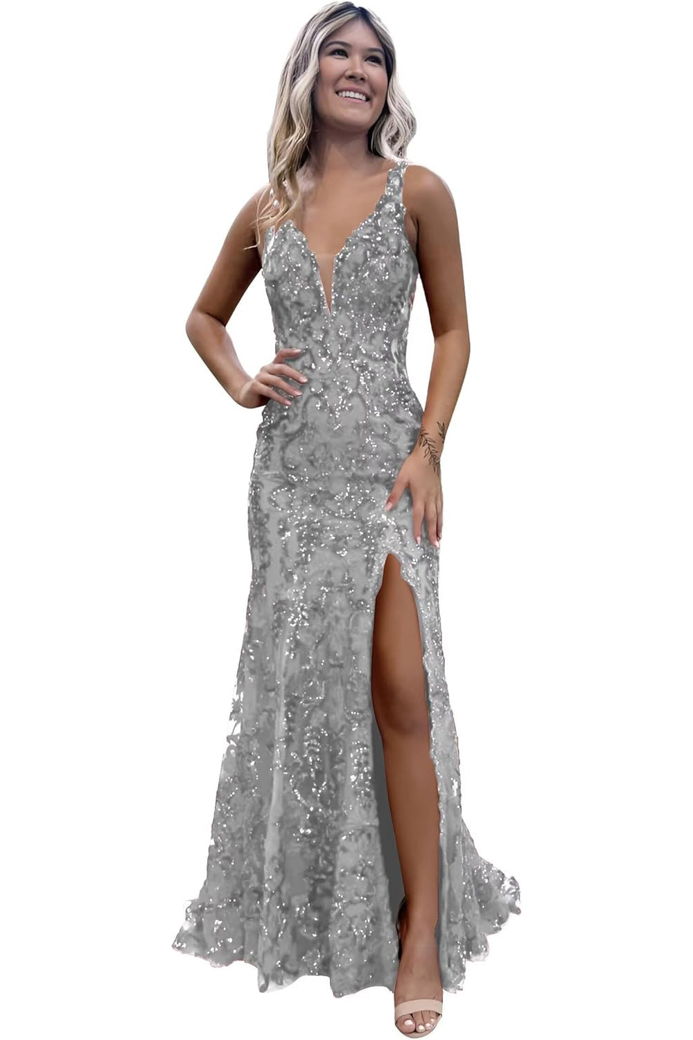 V-neck Sequin Mermaid Long Backless Prom Dress with Slit