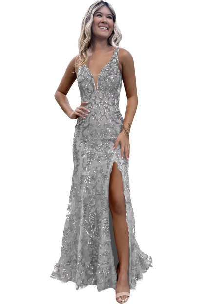 V-neck Sequin Mermaid Long Backless Prom Dress with Slit