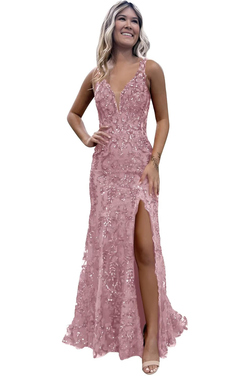 V-neck Sequin Mermaid Long Backless Prom Dress with Slit