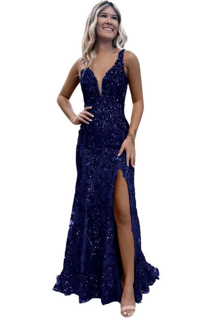 V-neck Sequin Mermaid Long Backless Prom Dress with Slit