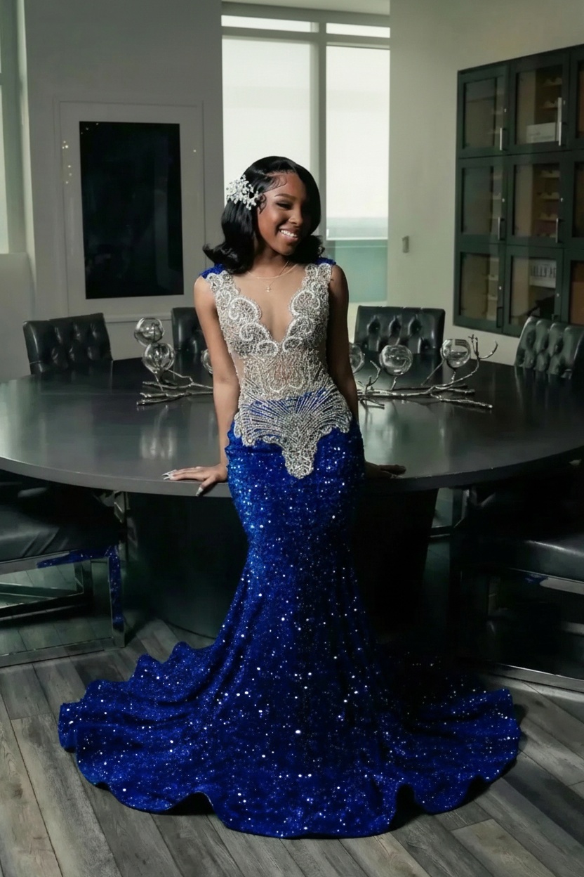 Long Mermaid V-neck Sequined Royal Blue Formal Prom Dress