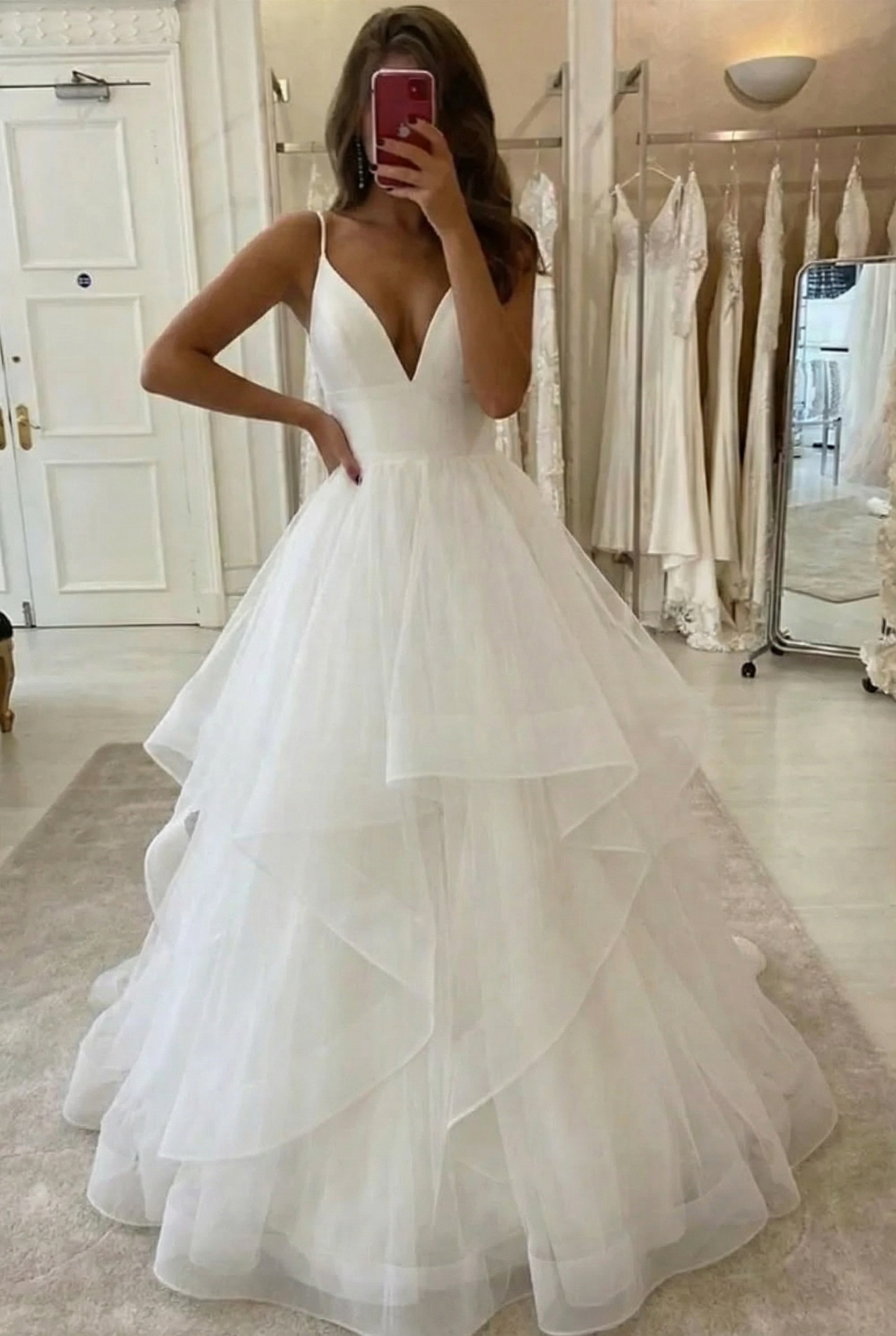 Long Multi-layered A-line White Tulle V-neck White Wedding Dress