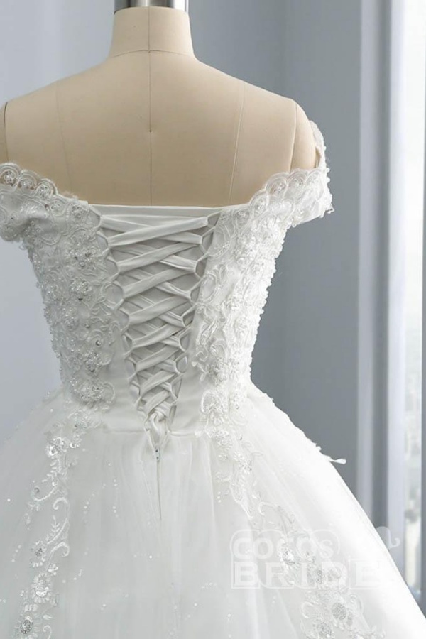 Long Off the Shoulder Lace Sequins Ball Gown Wedding Dresses