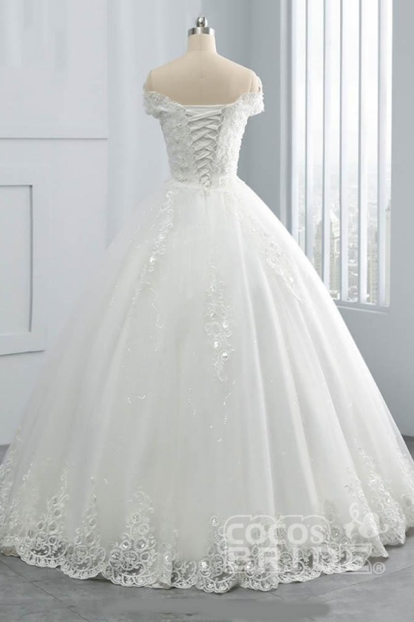 Long Off the Shoulder Lace Sequins Ball Gown Wedding Dresses