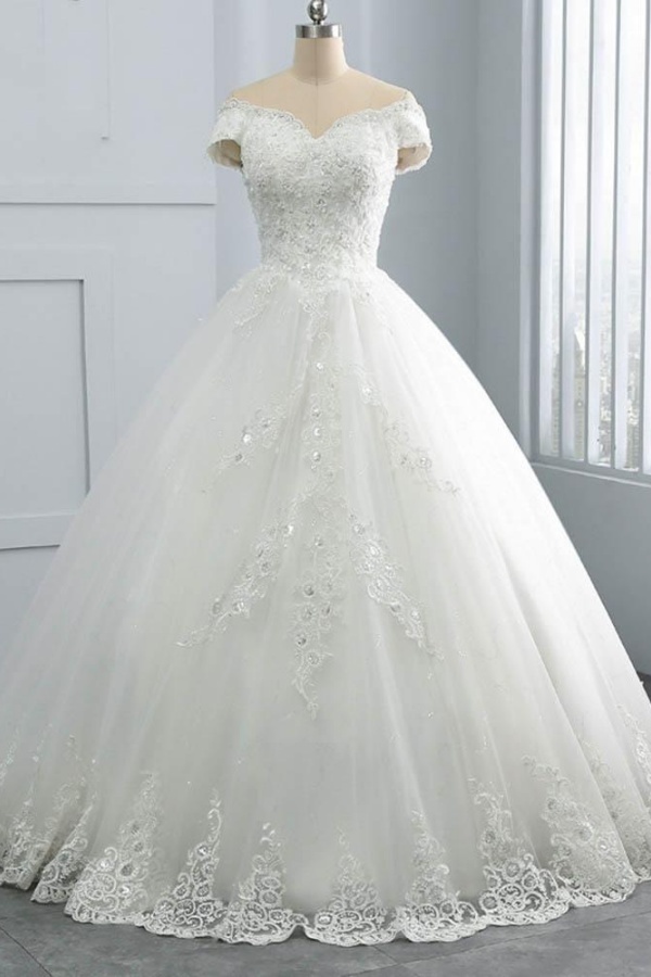 Long Off the Shoulder Lace Sequins Ball Gown Wedding Dresses