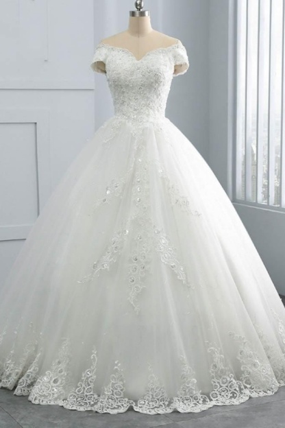 Long Off the Shoulder Lace Sequins Ball Gown Wedding Dresses