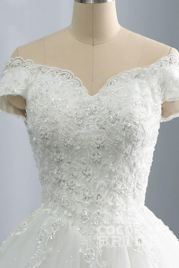 Long Off the Shoulder Lace Sequins Ball Gown Wedding Dresses