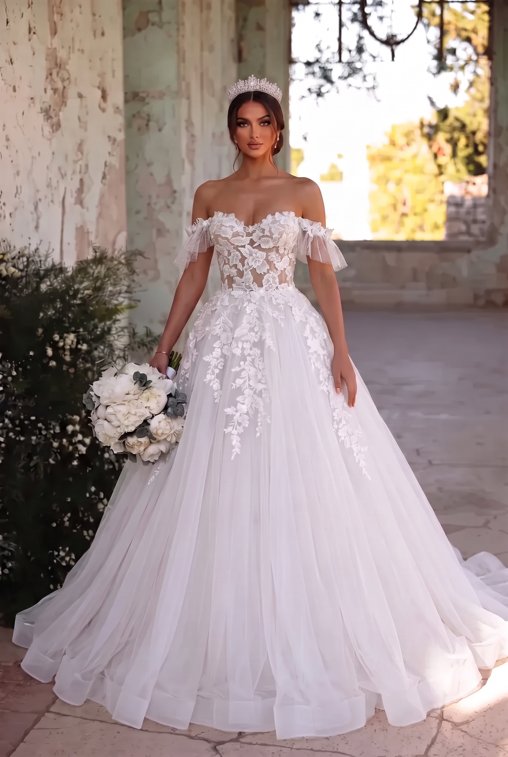 Long Off the Shoulder Lace Tulle A-Line Wedding Dresses