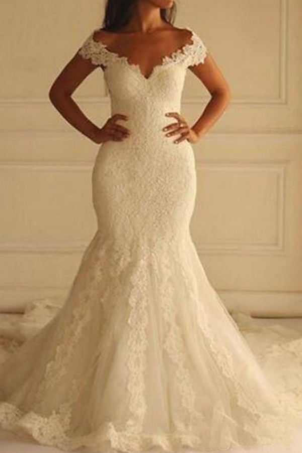 Long Off the Shoulder Mermaid Lace Plus Size Wedding Dresses