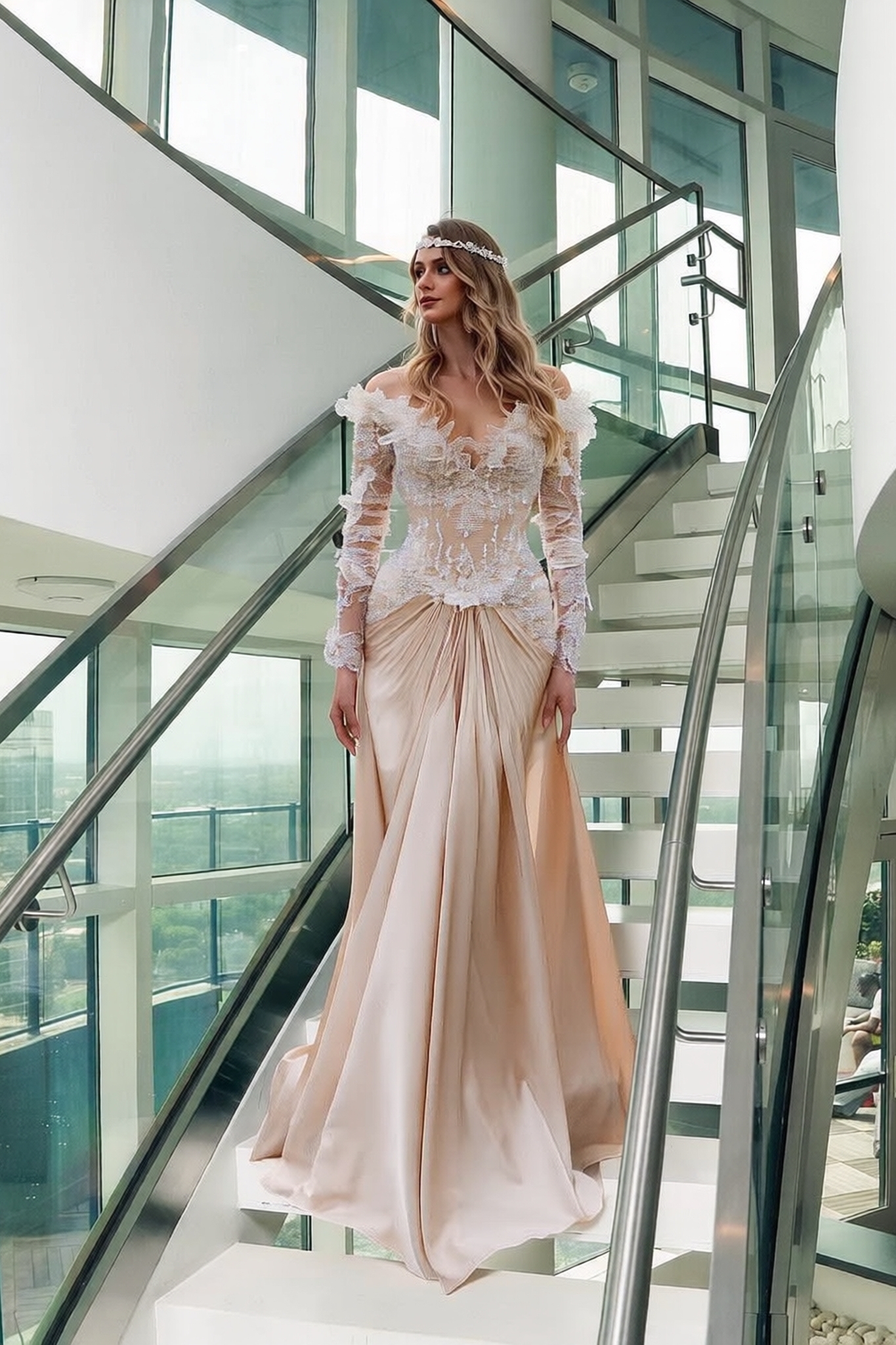 Long Off the Shoulder Satin Lace A-line Formal Prom Dresses with Sleeves