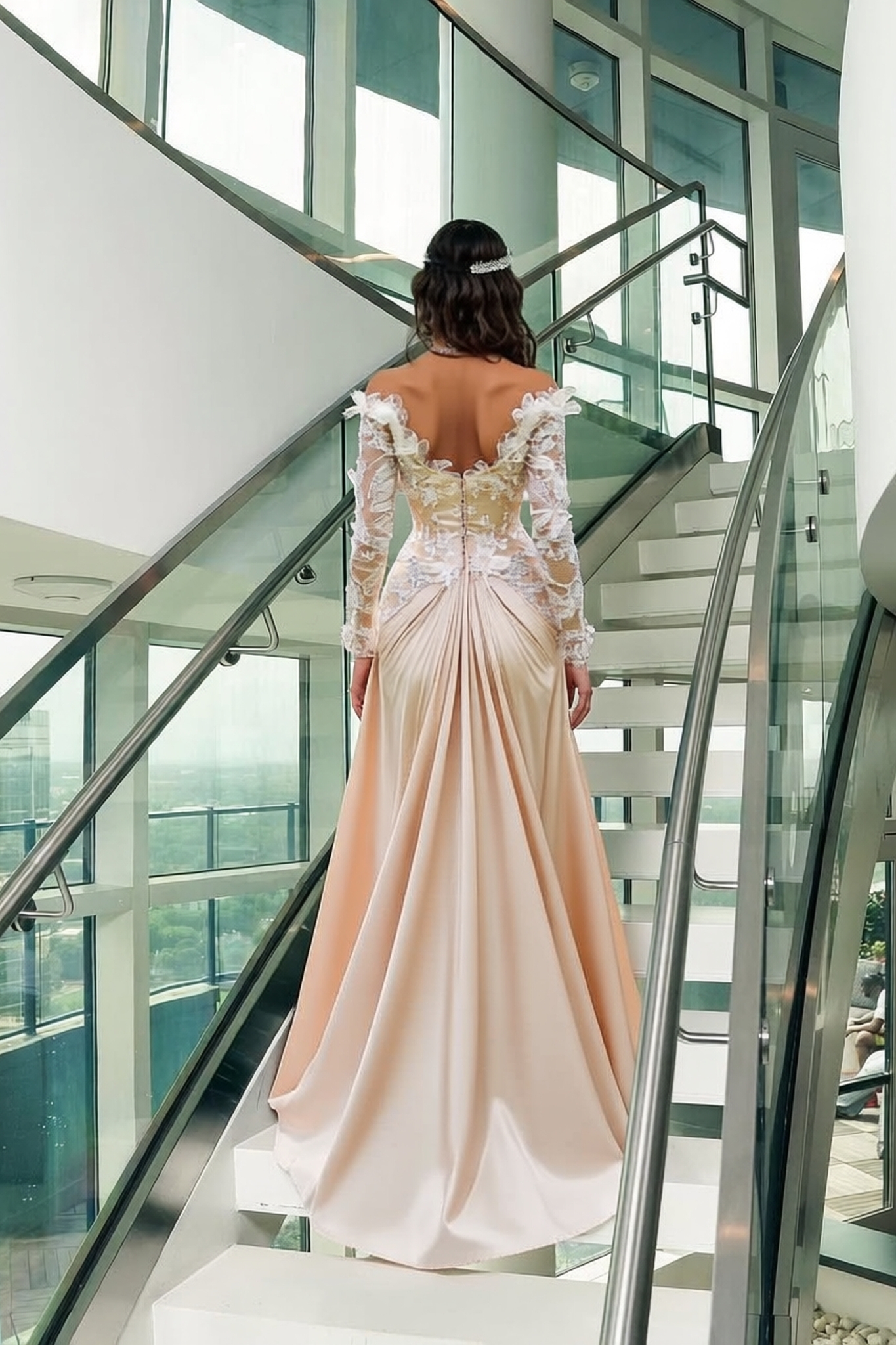Long Off the Shoulder Satin Lace A-line Formal Prom Dresses with Sleeves