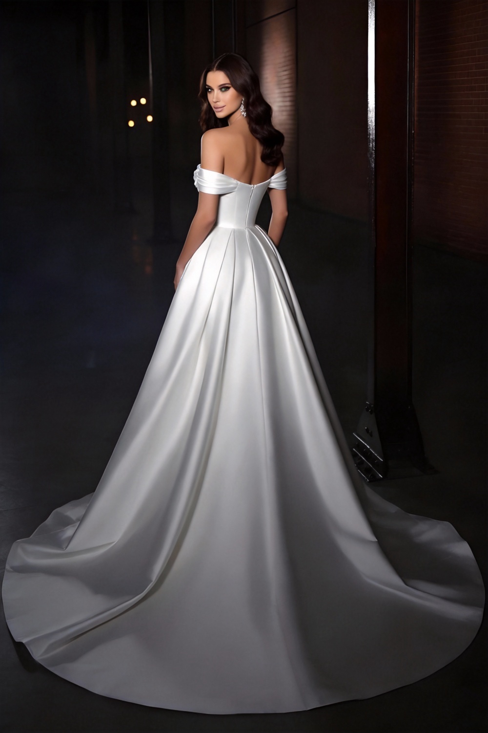 Long Off the Shoulder Strapless Mermaid Sleeveless Chapel Train Satin Wedding Dress with Ruffles